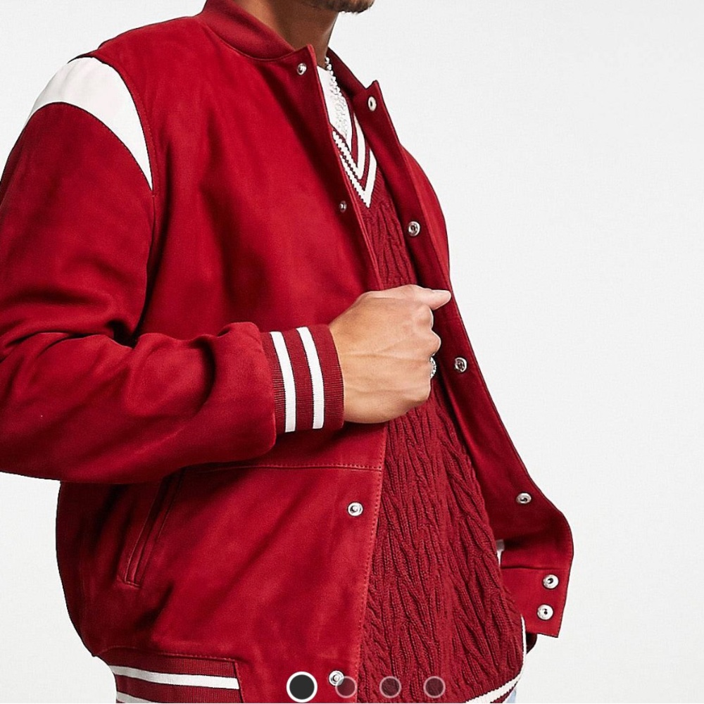 Varsity bomber jacket with contrast leather panels in red